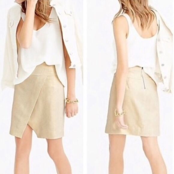 NWT J. Crew Gold Metallic Wrap Skirt 100% linen women’s size 8 (medium) $98 Msrp - Picture 1 of 6